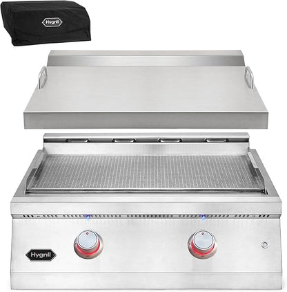 Hygrill 30-Inch Premium Built-In Natural Gas Griddle for Outdoor Kitchen, Durable 304 Stainless Steel 2-Burner Flat Top Grill with Lid and LED lights