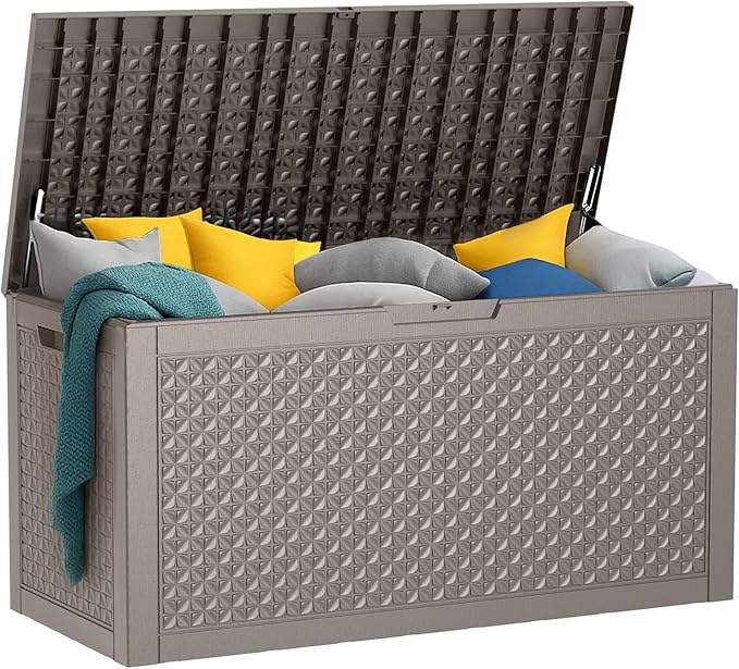 PatioZen 121 Gallon Resin Deck Box, Lockable Outdoor Storage Box for Patio Cushions Storage Furniture,Garden Tools, Pool Supplies, Weatherproof and UV Resistant (Grey)