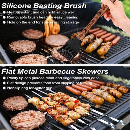 POLIGO 22PCS Heavy Duty BBQ Grill Accessories Set, Non-Slip Grill Tools for Outdoor Grill Set Stainless Steel Grill Utensils Set, Deluxe Grilling Tools Set in Aluminum Case Ideal Gifts for Men Brown