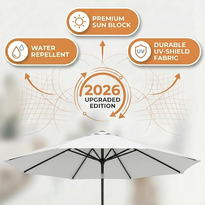 Greesum 9FT Outdoor Patio Umbrella, Table Umbrella for Yard, Market, Heavy-Duty Waterproof Pool Umbrella with 8 Sturdy Ribs, UV Protection for Beach, Deck, Garden, Backyard