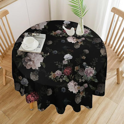 Vintage Florals Round Tablecloth, Black Pink Garden Gothic Flowers Rustic Roses Boho Botanical Plant Water Resistant Wipeable Table Cover for Picnic Party Holiday Kitchen Dinner Table 50"