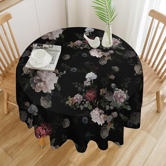 Vintage Florals Round Tablecloth, Black Pink Garden Gothic Flowers Rustic Roses Boho Botanical Plant Water Resistant Wipeable Table Cover for Picnic Party Holiday Kitchen Dinner Table 70"