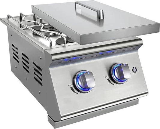 Double Grilling Side Burners for Outdoor Grill, Sturdy 304 Stainless Steel, with Liquid Propane Kit, Drop-in Side Burner for Outdoor Kitchen BBQ Island, 2 * 15,000BTU Natural Gas Side Burner