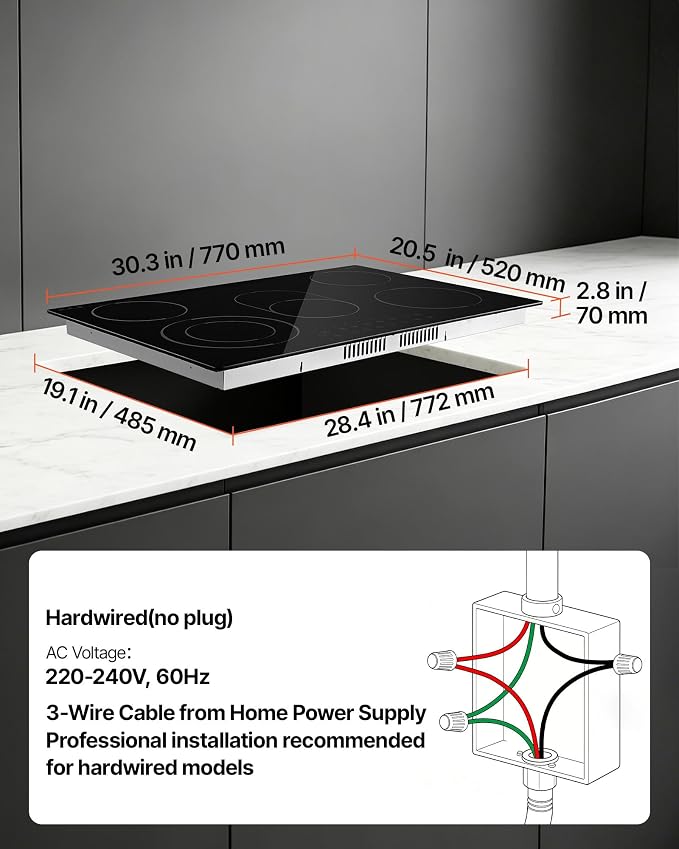 VEVOR Electric Cooktop 30inch 5 Burners Stove Top 8900W 220V No Plug, Ceramic Built-in Radiant Electric Stove, with 9 Power Levels, Timer, Child Lock, Over-Heat Guard, Touch Control