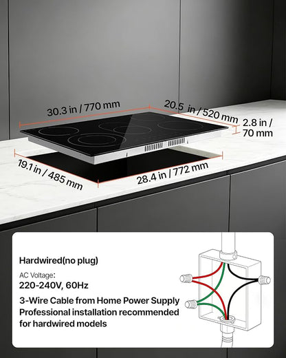 VEVOR Electric Cooktop 30inch 5 Burners Stove Top 8900W 220V No Plug, Ceramic Built-in Radiant Electric Stove, with 9 Power Levels, Timer, Child Lock, Over-Heat Guard, Touch Control