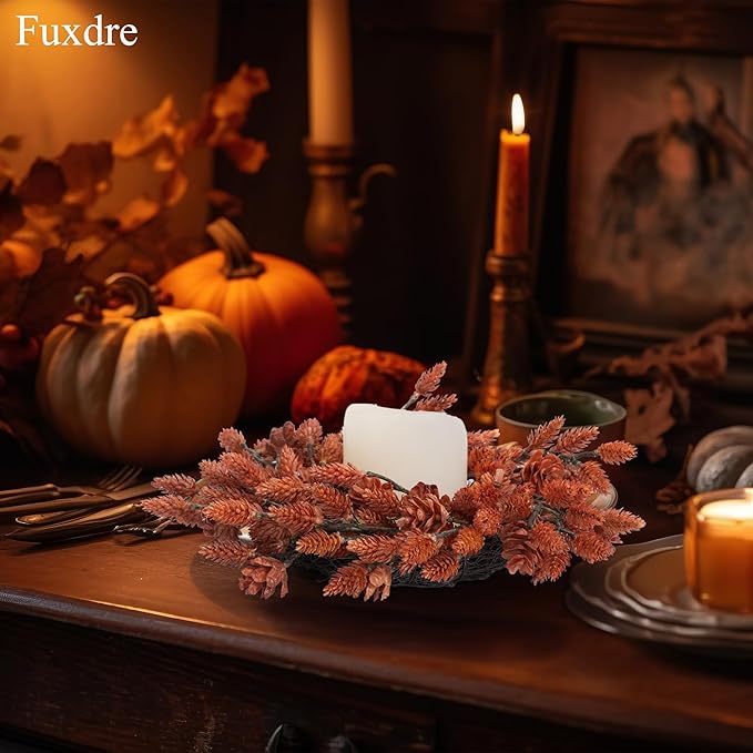 2 Pcs Christmas Candle Rings Wreaths, 10 Inch Candle Wreath with Artificial Red Pinecone, Christmas Candle Holder Indoor Decor for Home Kitchen Cabinets Centerpieces for Tables