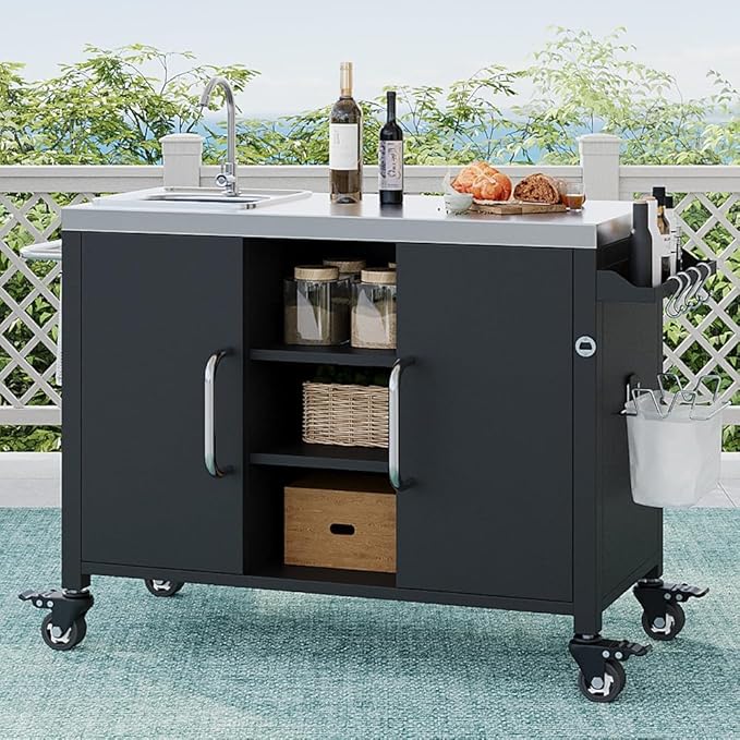 RUNNA Outdoor Kitchen Island with Sink, Metal Grill Cart Table with 304 Stainless Steel Sink, Outdoor Bar Cart Sink Station with 4 Lockable Wheels for Pizza Prep & BBQ, L 55.5" x W 20" H 36.7"
