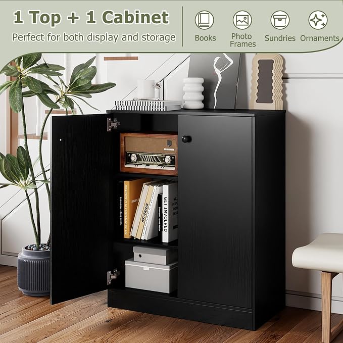 GIANTEX 2 Door Storage Base Cabinet (Black) | 3-Tier Base Cabinet with Non-Slip Foot Pads, Kitchen Cupboard Storage Organizer for Living Room, Hallway, Entryway, Office