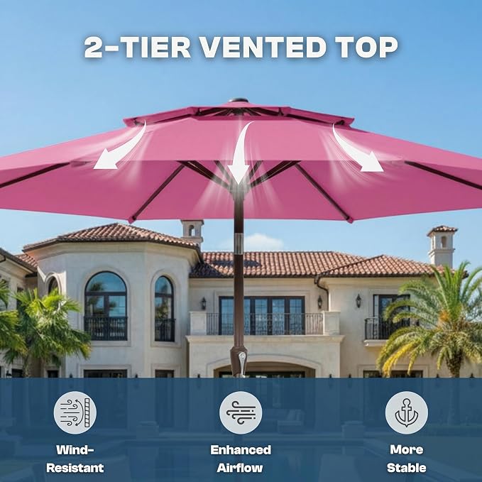 10FT Outdoor Patio Umbrella, 2 Tiers Market Table Umbrella with 8 Sturdy Ribs, Push Button Tilt and Crank, UPF50+ UV Protection for Deck, Pool, Garden and Backyard