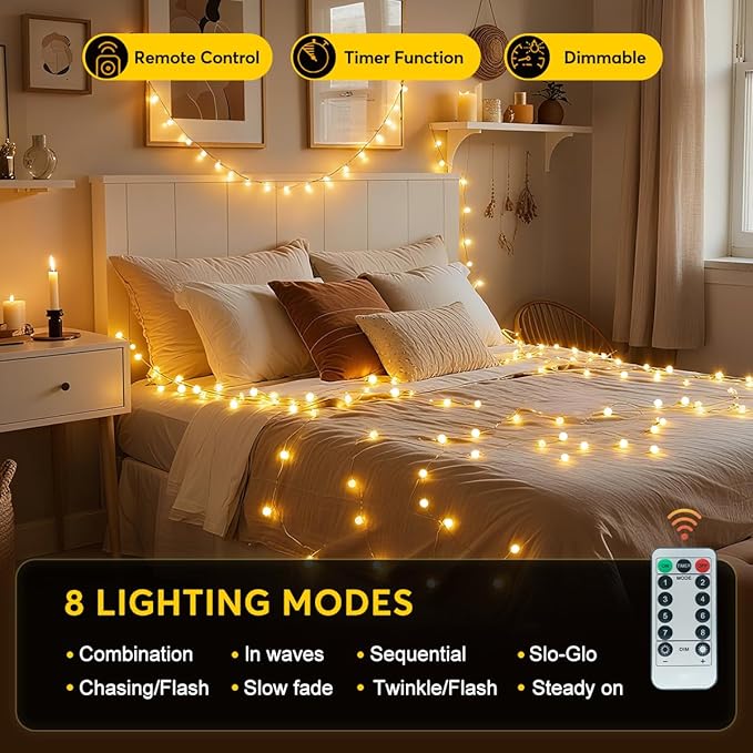 RaThun 180ft Globe String Lights with 16ft Extended Lead & Stable Remote - 300 LED Warm White, 8 Distinct Modes, IP44 Waterproof & UL Listed for Backyard Wedding Patio Garden Large Area Decoration