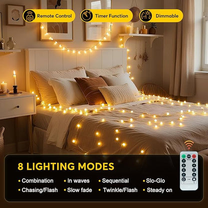 RaThun 180ft Globe String Lights with 16ft Extended Lead & Stable Remote - 300 LED Warm White, 8 Distinct Modes, IP44 Waterproof & UL Listed for Backyard Wedding Patio Garden Large Area Decoration