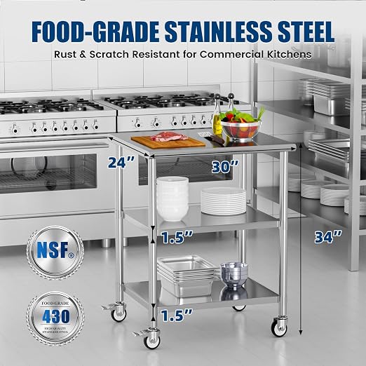Stainless Steel Work Table with Wheels, 24x30 Inch NSF Kitchen Prep Table with 2 Adjustable Undershelves for Commercial Restaurant, Garage, Outdoor BBQ