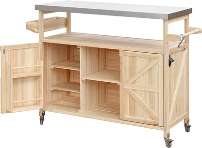Merax 50" Outdoor Kitchen Grill Cart Island on Wheels with Stainless Steel Top,Farmhouse Style Solid Wood Frame Storage Cabinet for Patio