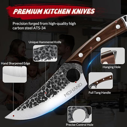 MDHAND Butcher Knife Set, 18PCS Hand Forged Serbian Chef Knife Set with Bag, Full Tang Kitchen Knife Sets with High Carbon Steel, Meat Cleaver Butcher Boning Knife for Brisket Trimming, Gift for Men
