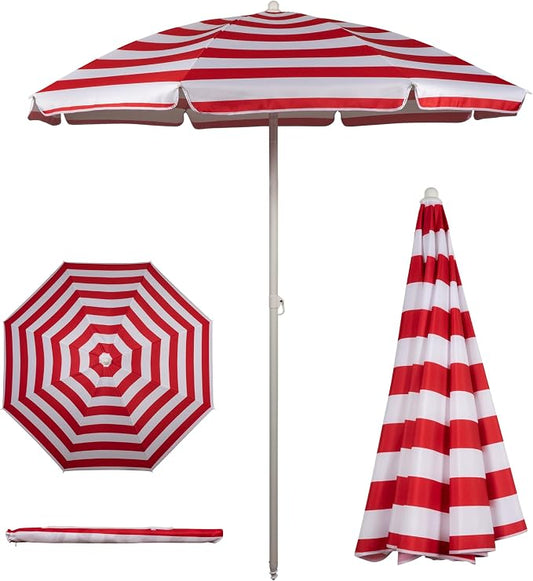 PICNIC TIME 5.5 Ft Portable Beach Umbrella, Lightweight UV Protection Sunshade with Tilt Pole & Carry Bag, Outdoor Canopy Umbrella for Beach, Sand, Pool, Patio, Camping, Travel, or Backyard Shade, (Red & White Cabana Stripe)