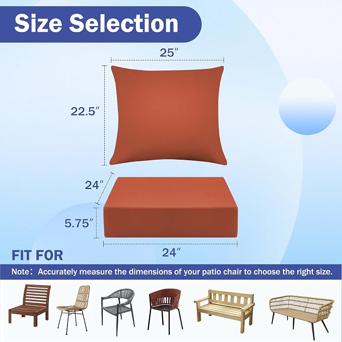 Outdoor Chair Cushions, 24 x 24 Inch Outdoor Cushion for Patio Furniture, Patio Chair Cushion, Waterproof & Fade Resistant Deep Patio Furniture Cushions Set with Handle and Ties, Spice (Set of 2)