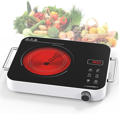 GIHETKUT Single Burner Electric Cooktop,1800W 110V Electric Stove Top with Knob Control, Portable Cooktop with 2 Handle,single burner electric stove with Double Ring Heating, 4 hours Timer