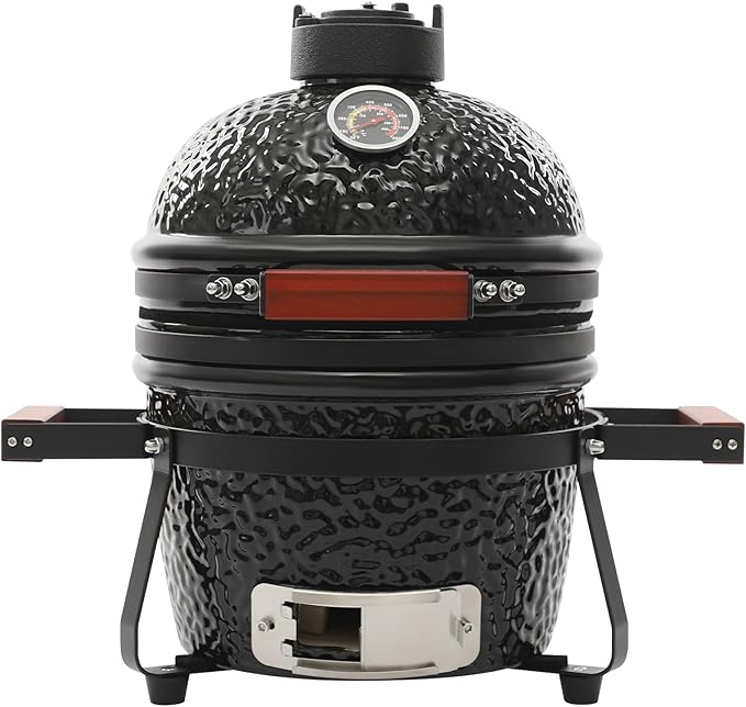 Ceramic BBQ Charcoal Grill, 13" Round Ceramic Barbecue Grill with Thermometer for Picnics, Camping (Black)