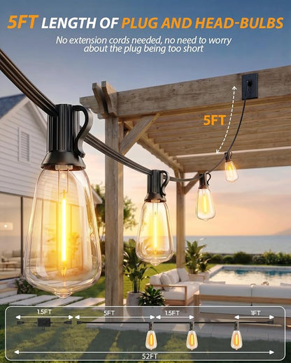 Outdoor String Lights 52FT, 32+2 Shatterproof Bulbs ST38, 1.5FT Spacing, IP65 Waterproof | Dimmable with Remote, Heavy-Duty, Include Screw & Zip Ties for Patio Backyard Holiday Outside