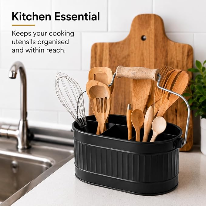 Alpha Living Home 4-Compartment Metal Flatware Caddy with Wooden Handle - Rustic Silverware & Utensil Organizer for Kitchen Counter, Dining Table, Picnic & Party Use