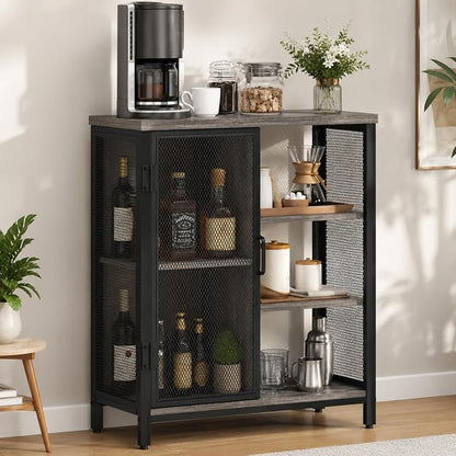 Liquor Cabinet Bar for Home, Coffee Storage Cabinet | Adjustable Shelves, Small Wood Sideboard Buffet Station Cabinets with Door, for Kitchen/ Dining/ Entryway, Dark Grey Oak, 36"