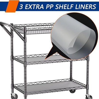 REGILLER 3 Tier Heavy Duty Rolling Utility Cart,18" D x 30" W x 36.6" H Rolling Carts with Wheels,Commercial Grade Metal with Handle Bar & Shelf Liner,Trolley Serving Storage Cart for Kitchen Black