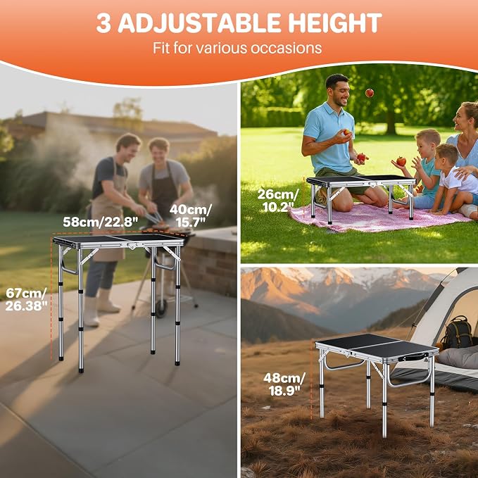 FUNYKICH 2ft Folding Camping Table 22.8''x15.7''x26.4'',3 Height Adjustable | Lightweight & Portable, Aluminum Small Outdoor Table with Carry Handle for Camping, Beach, Picnic, Silver