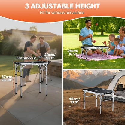 FUNYKICH 2ft Folding Camping Table 22.8''x15.7''x26.4'',3 Height Adjustable | Lightweight & Portable, Aluminum Small Outdoor Table with Carry Handle for Camping, Beach, Picnic, Silver