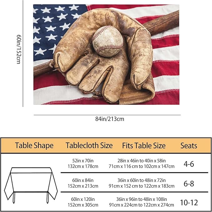 TKS MITLAN American Flag Tablecloth 60x84 Inch Rectangular Vintage Red Brown Baseball Bat Glove on USA Flag Oblong Table Cloth Kitchen Table Decorations for Home Dinner Party