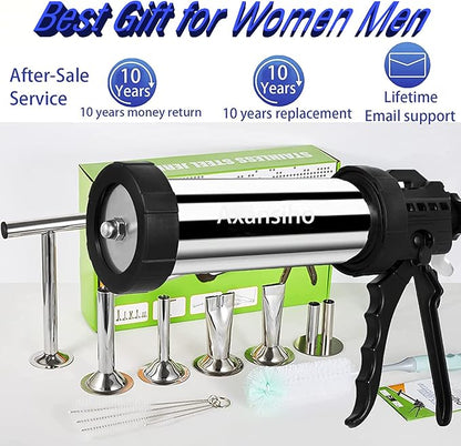 1.57 LB Large Capacity Jerky Gun Kits, Stainless Steel Jerky Shooter Cannon, Beef Stick Gun, Beef Deer Jerky Maker, Meat Gun, Sausage Stuffer with 5 Nozzles 5 Brushes 1 Meat Pusher, Gift for Women Mom