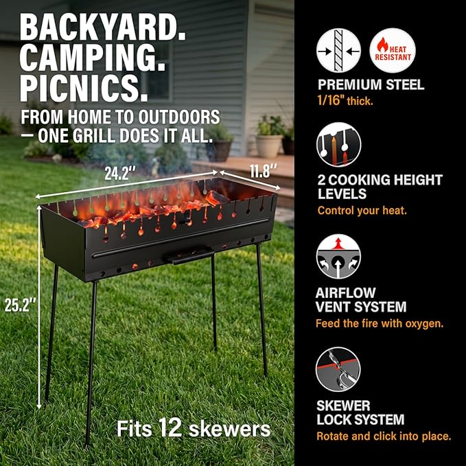 Charcoal Grill for 12 Skewers - Portable BBQ Mangal - Foldable Metal Grill for Shashlik, Kebab, Picnic, Outdoor Cooking (Skewers Not Included)