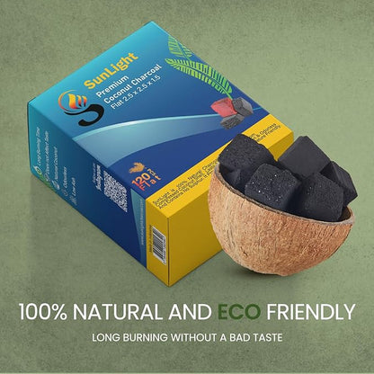 Sunlight Premium Coconut Charcoal Flats- 120 Half Cubes (1.25MM)- Long Lasting Natural Coco Charcoal - Zero ASH - Low Odor - 1.25MM Flats- Long Lasting - Full Burn