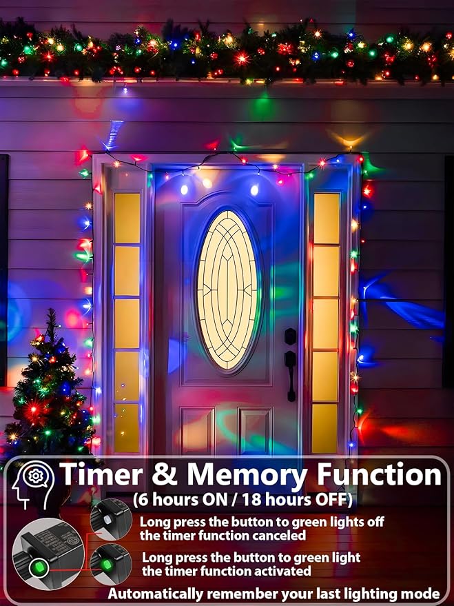 165 FT 500 LED Christmas Lights String Indoor Outdoor Waterproof Multicolor | Timer and Memory Function, 8 Modes Green Wire Twinkle Lights for Xmas Tree Fence Pillar Bedroom Garden Holiday Party Decor