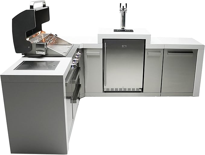 Mont Alpi Premium 82"W x 98"D Deluxe L-shaped Stainless Steel Outdoor Kitchen Island + Kegerator Beer Dispenser Refrigerator + 32"W 4-Burner BBQ Grill + Granite Countertops + Storage Cabinets + Cover
