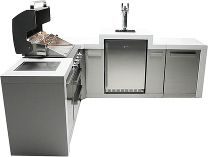 Mont Alpi Premium 82"W x 98"D Deluxe L-shaped Stainless Steel Outdoor Kitchen Island + Kegerator Beer Dispenser Refrigerator + 32"W 4-Burner BBQ Grill + Granite Countertops + Storage Cabinets + Cover