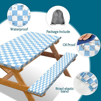 Picnic Table Cover with Bench Covers and Bag, Blue and White Checkered Gingham Buffalo Plaid Camping Tablecloth Waterproof Windproof Elastic Edges Fitted Tablecloths for Outdoor Garden 3PCS 30x60 Inch
