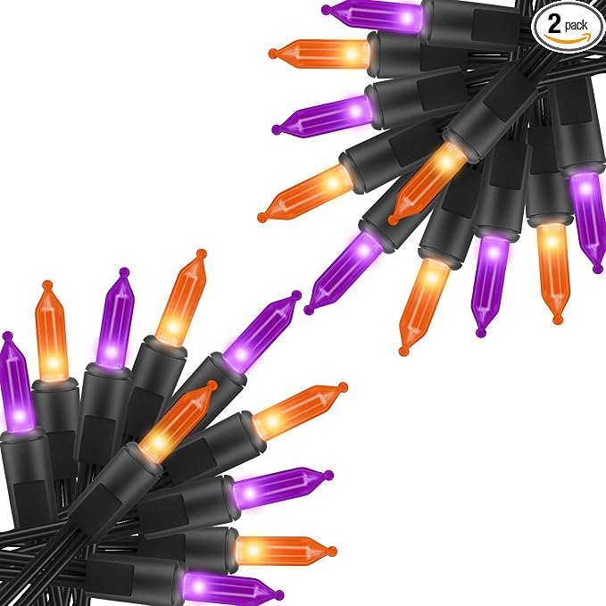 2 Pack Orange & Purple Halloween Mini Lights, 10 Ft 50 Count String Lights | Total 100 Count Incandescent, Connectable Halloween Light for Haunted House Party Holiday Window Indoor Decoration