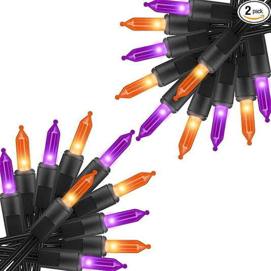 2 Pack Orange & Purple Halloween Mini Lights, 10 Ft 50 Count String Lights | Total 100 Count Incandescent, Connectable Halloween Light for Haunted House Party Holiday Window Indoor Decoration