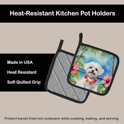 Caroline's Treasures Maltese Luau Pair of Pot Holders Kitchen Heat Resistant Pot Holders Sets Oven Hot Pads for Cooking Baking BBQ, 7 1/2 x 7 1/2