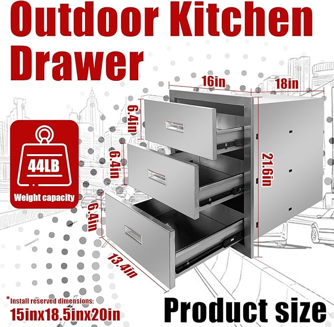 Outdoor Kitchen Triple Layer Drawer 16'' W x 21.6'' H x 18'' D Flush Mount BBQ Access Drawers Stainless Steel BBQ Island Drawers with Handle Suitable for Outdoor Kitchen Island Grill Station