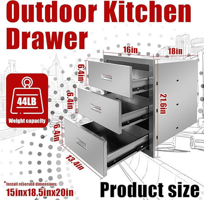 Outdoor Kitchen Triple Layer Drawer 16'' W x 21.6'' H x 18'' D Flush Mount BBQ Access Drawers Stainless Steel BBQ Island Drawers with Handle Suitable for Outdoor Kitchen Island Grill Station