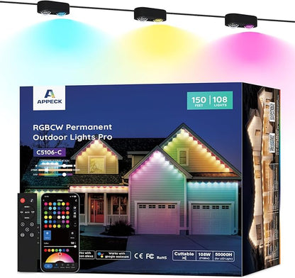 APPECK Permanent Outdoor Lights Pro, 150ft with 108 RGBCW Eaves Lights | Dual Lens, 108W, 80lm, Cuttable, IP67 Waterproof Lighting for Daily and Holiday Decor, Compatible with Alexa, Black
