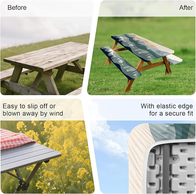 FOREVER QUEEN Picnic Table Cover with Bench Covers 72in,Waterproof Windproof Fitted Tablecloth,Mountain Forest Landscape Print Camping Essentials with Drawstring Bag for Patio,Park & Backyard