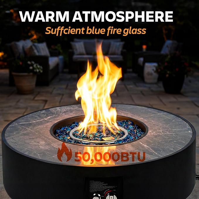 32" Outdoor Propane Fire Pit Table, 50,000 BTU Gas Fire Table with Tank Cover, Marble-Look Ceramic Top, Steel Lid, & Rain Cover, Round Patio Firepit for Backyard, Garden, Party