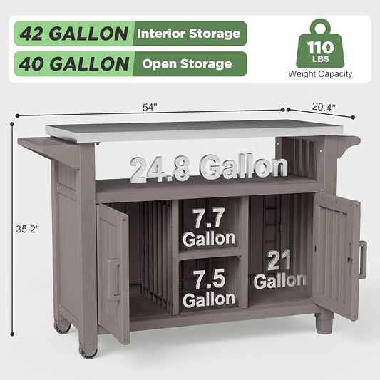 Bifanuo Outdoor Grill Table Grill Cart with Stainless Steel Top & Storage Cabinet for Food Prep and Storage, Portable and Durable with Wheels (Grey)