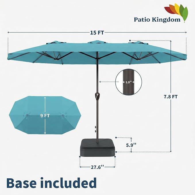 15FT Double Sided Patio Umbrella with Base Included Large Outdoor Market Umbrella with Crank Handle, UV Resistant Canopy, Sturdy Frame for Garden, Poolside, Deck, Sky Blue