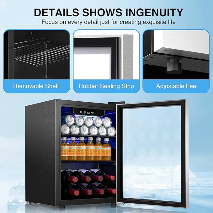Kismile Mini Refrigerator Beverage Cooler 48L Fridge Glass Door for 18 Bottle 68 Can,1.7 Cu.Ft Drink Fridge with Stainless Steel Outer Frame,Electronic Temperature Control for Home/Bar/Office 40-61℉