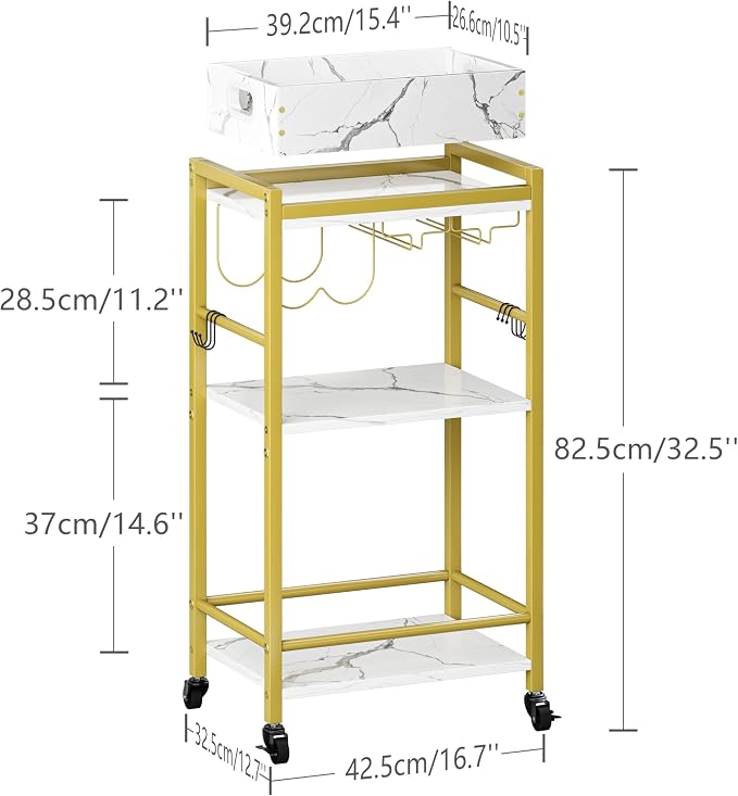 3-Tier Gold Bar Cart with Removable Tray, Small Bar Carts with Wheels, Rolling Beverage Cart, Drink Cart, Gold Wine Cart with Wine Rack for Kitchen, Living Room GBC513G