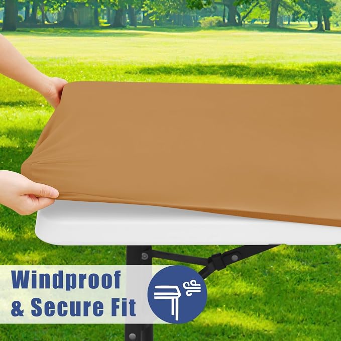 Moosfor 2 Pack Rectangle Spandex Fitted Table Cloth, 6FT Elastic Tablecloth | Washable Picnic Table Cover, Stretch Waterproof Table cloths for Party, Patio, Dining, Kitchen, 30" x 72", Camel