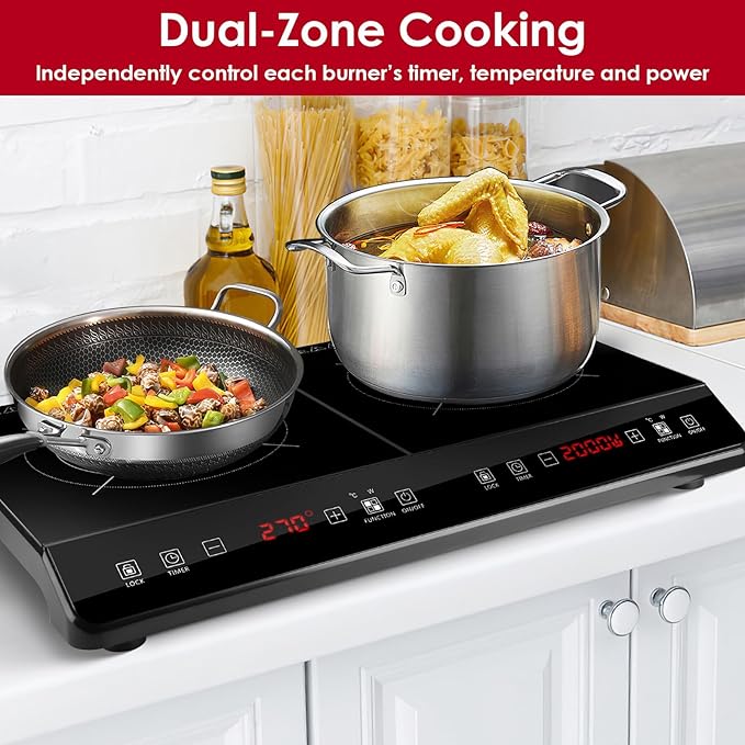 Double Induction Cooktop, 4000W Hot Plate Electric Stove for Countertop Portable 2 Burner Induction Cooktop with 9 Levels Settings, Child Safety Lock & Timer